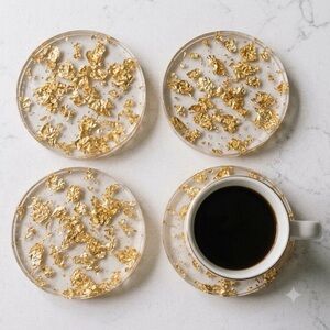 NWT Luxury Gold Flake Resin Coaster Set - Handmade - Set of 4 - Gold